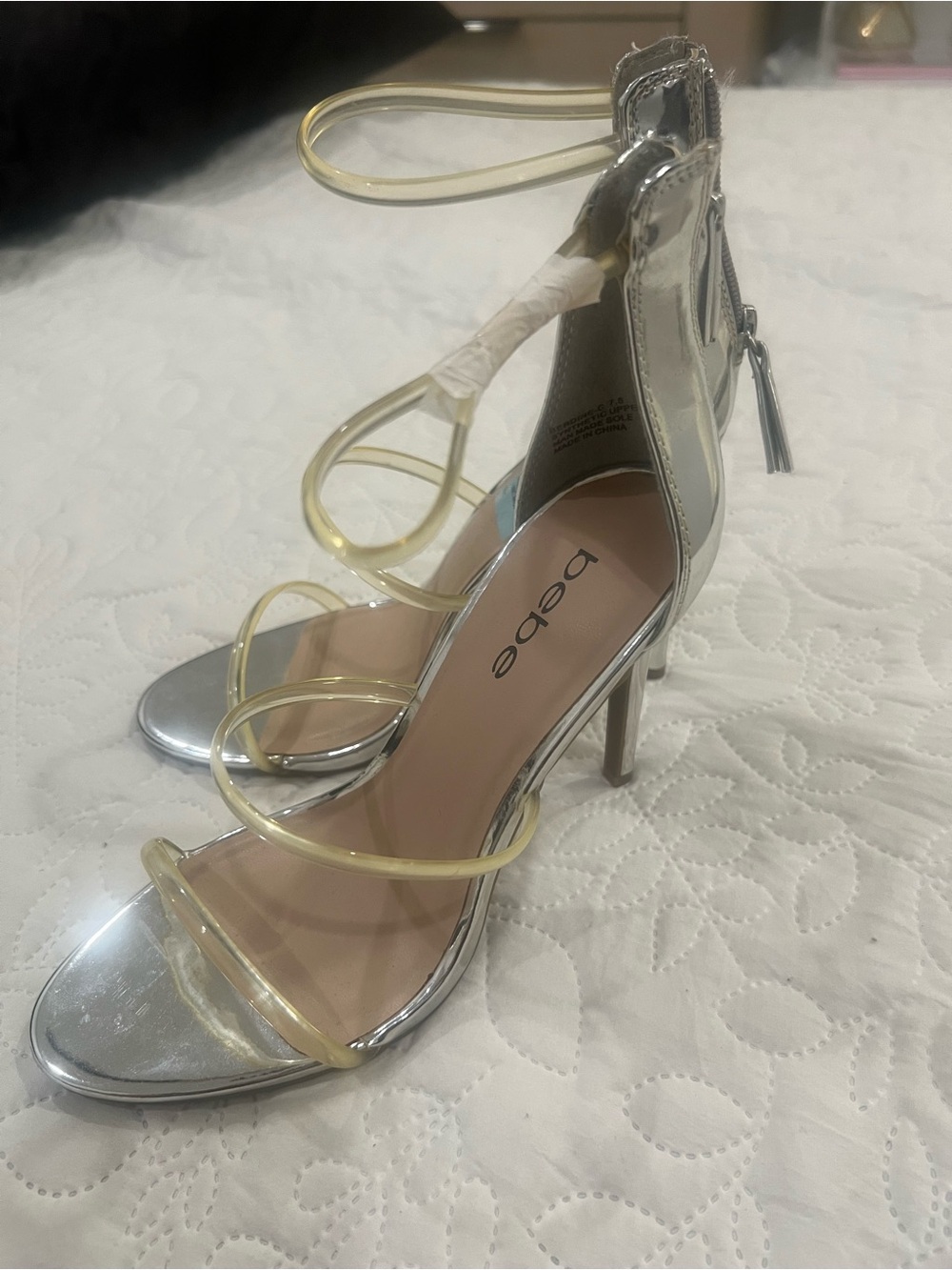 bebe Silver Metallic Stiletto Sandals with Clear Gold-Tint Straps